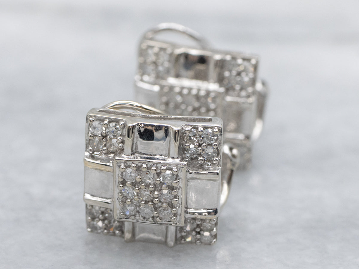 Brilliant Diamond Polished Gold Squared Cluster Stud Earrings