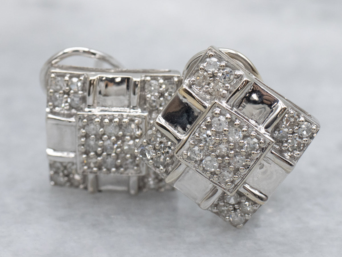 Brilliant Diamond Polished Gold Squared Cluster Stud Earrings