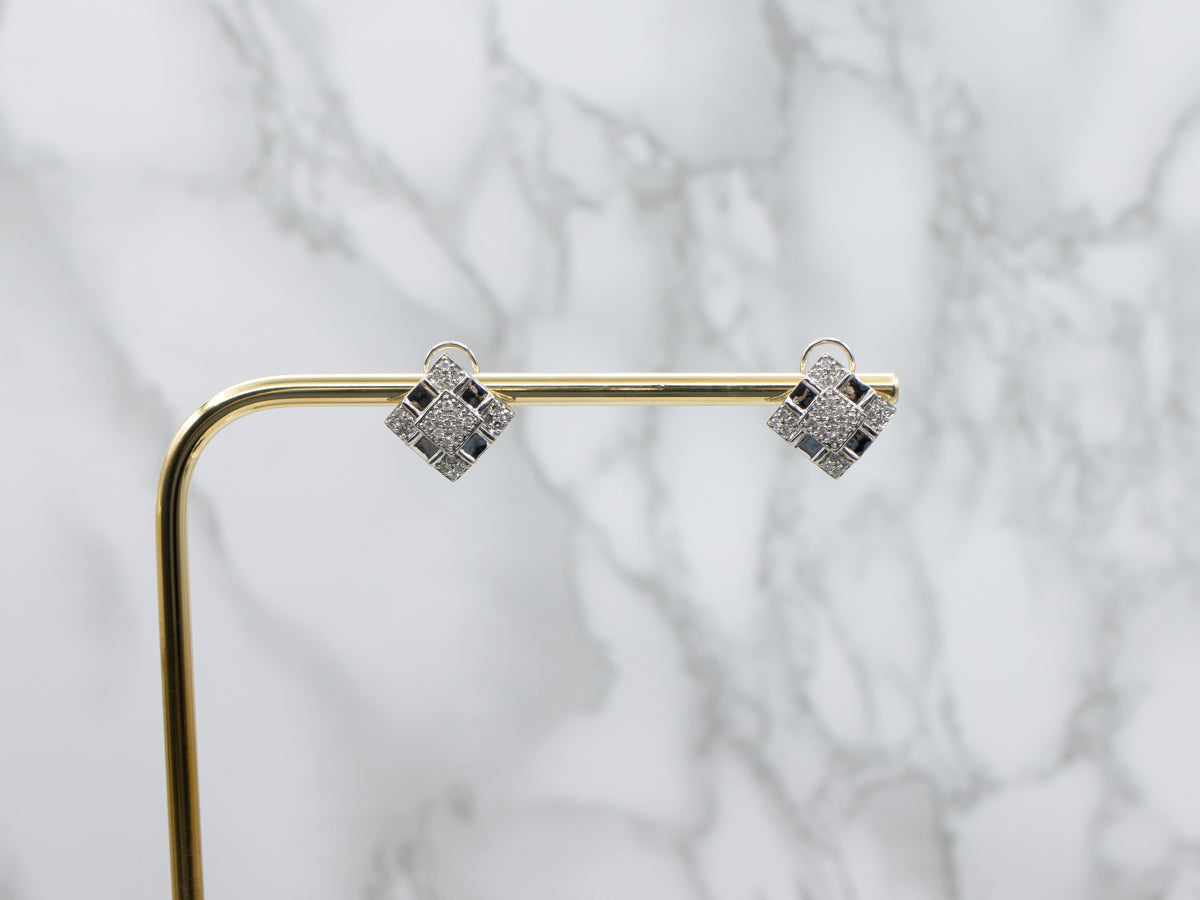 Brilliant Diamond Polished Gold Squared Cluster Stud Earrings