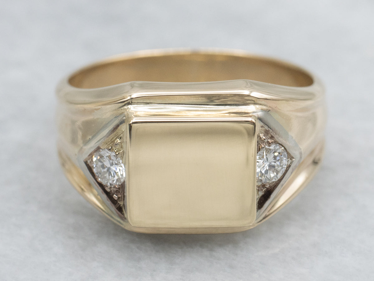 Men's Two-Tone Gold Signet Ring with Diamond Accents