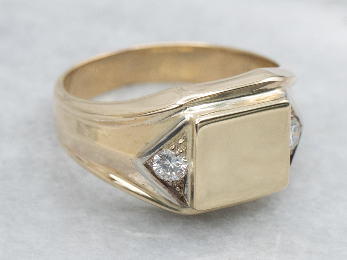 Men's Two-Tone Gold Signet Ring with Diamond Accents