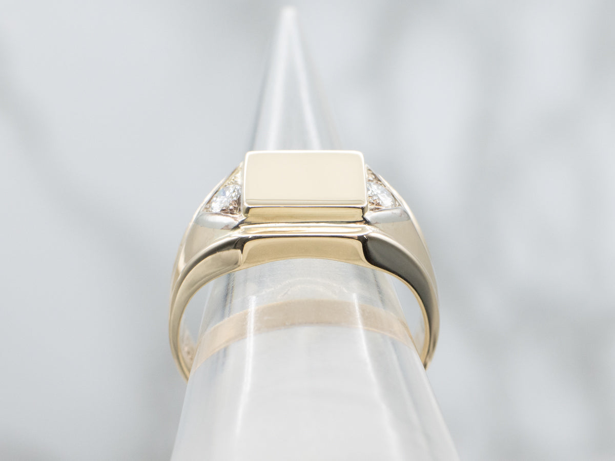 Men's Two-Tone Gold Signet Ring with Diamond Accents