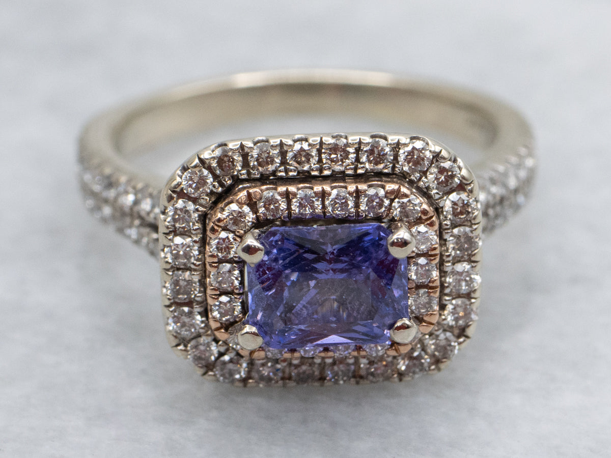 East-West Purple Sapphire and Double Diamond Halo Ring