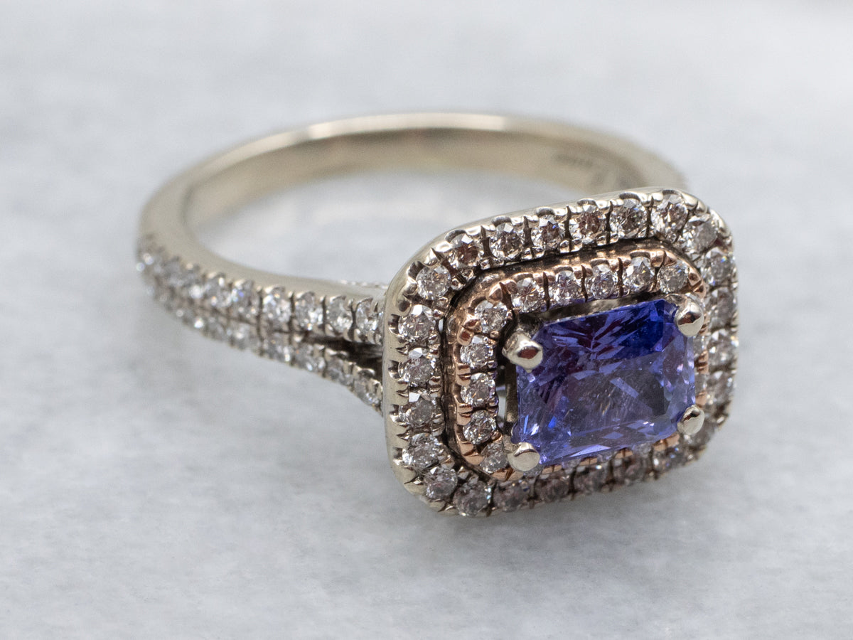 East-West Purple Sapphire and Double Diamond Halo Ring