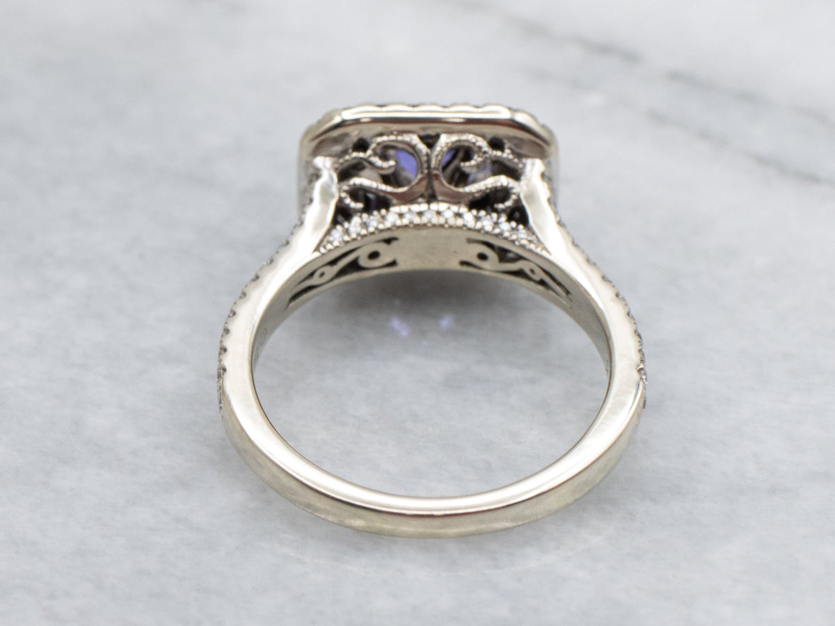 East-West Purple Sapphire and Double Diamond Halo Ring