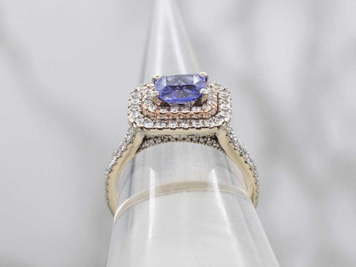 East-West Purple Sapphire and Double Diamond Halo Ring