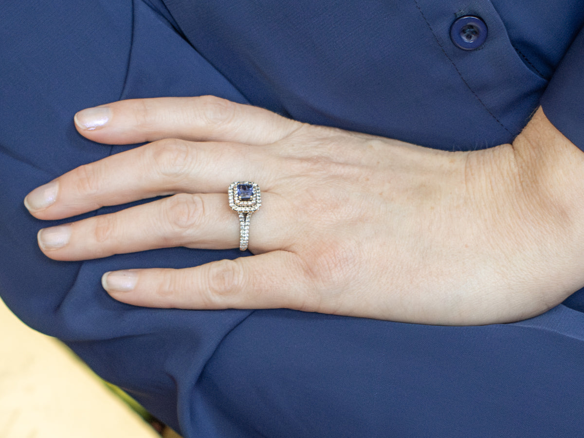 East-West Purple Sapphire and Double Diamond Halo Ring