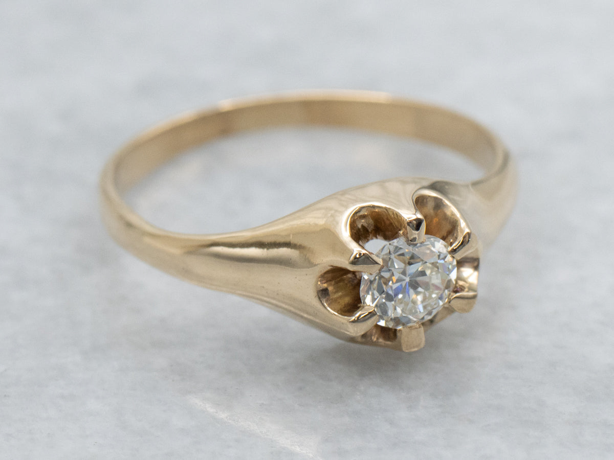 Belcher Set Old Mine Cut Diamond Antique Solitaire Engagement Ring