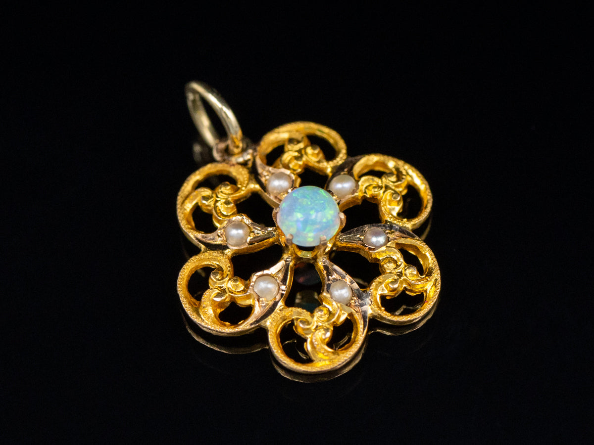 Ornate Gold Opal and Seed Pearl Victorian Pendant