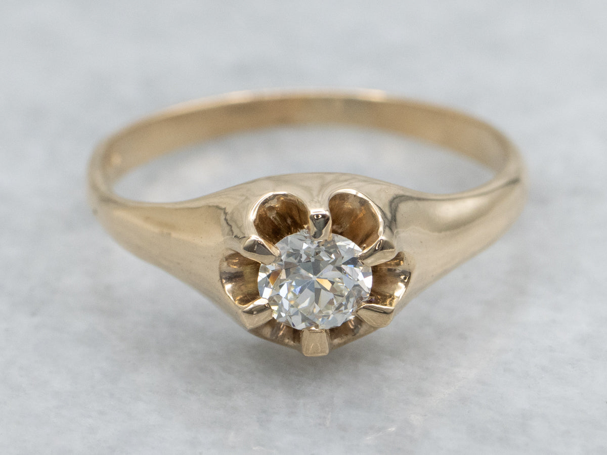 Belcher Set Old Mine Cut Diamond Antique Solitaire Engagement Ring