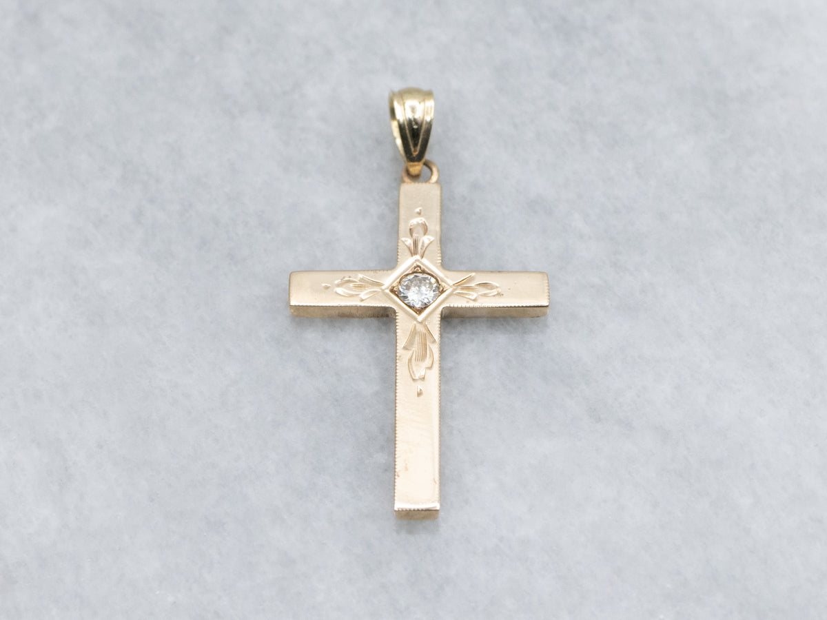 Vintage Yellow Gold Engraved Gold Diamond Cross Pendant