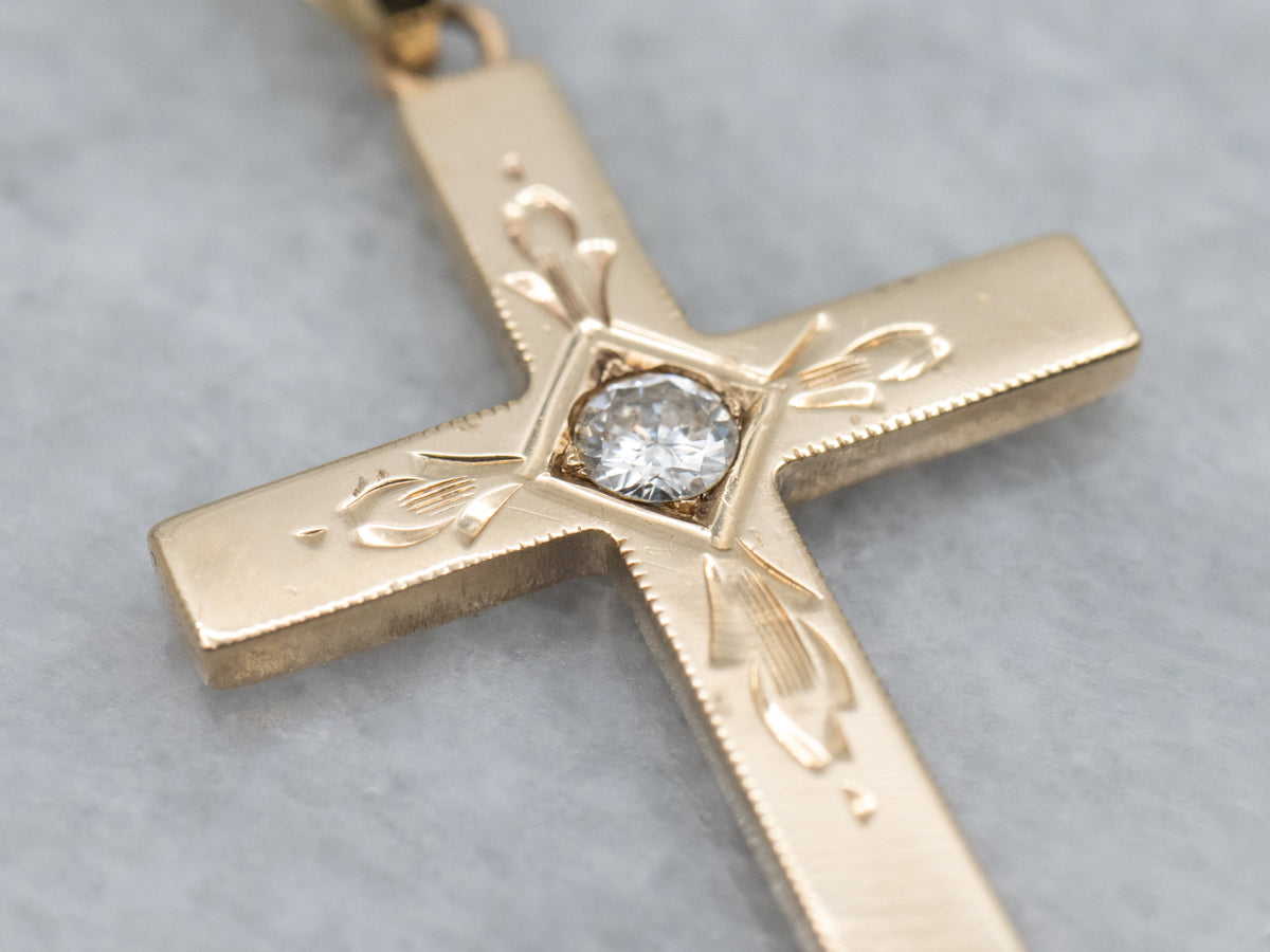 Vintage Yellow Gold Engraved Gold Diamond Cross Pendant