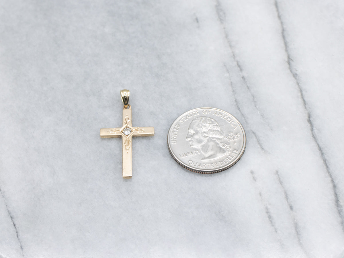 Vintage Yellow Gold Engraved Gold Diamond Cross Pendant
