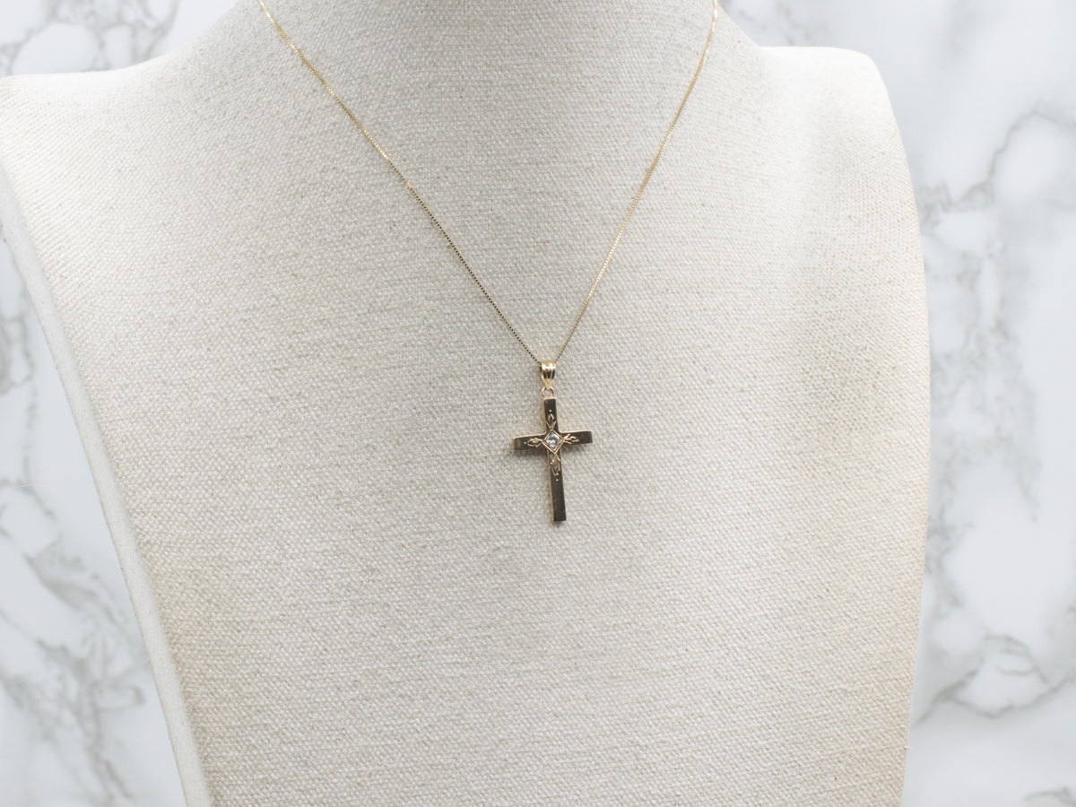 Vintage Yellow Gold Engraved Gold Diamond Cross Pendant