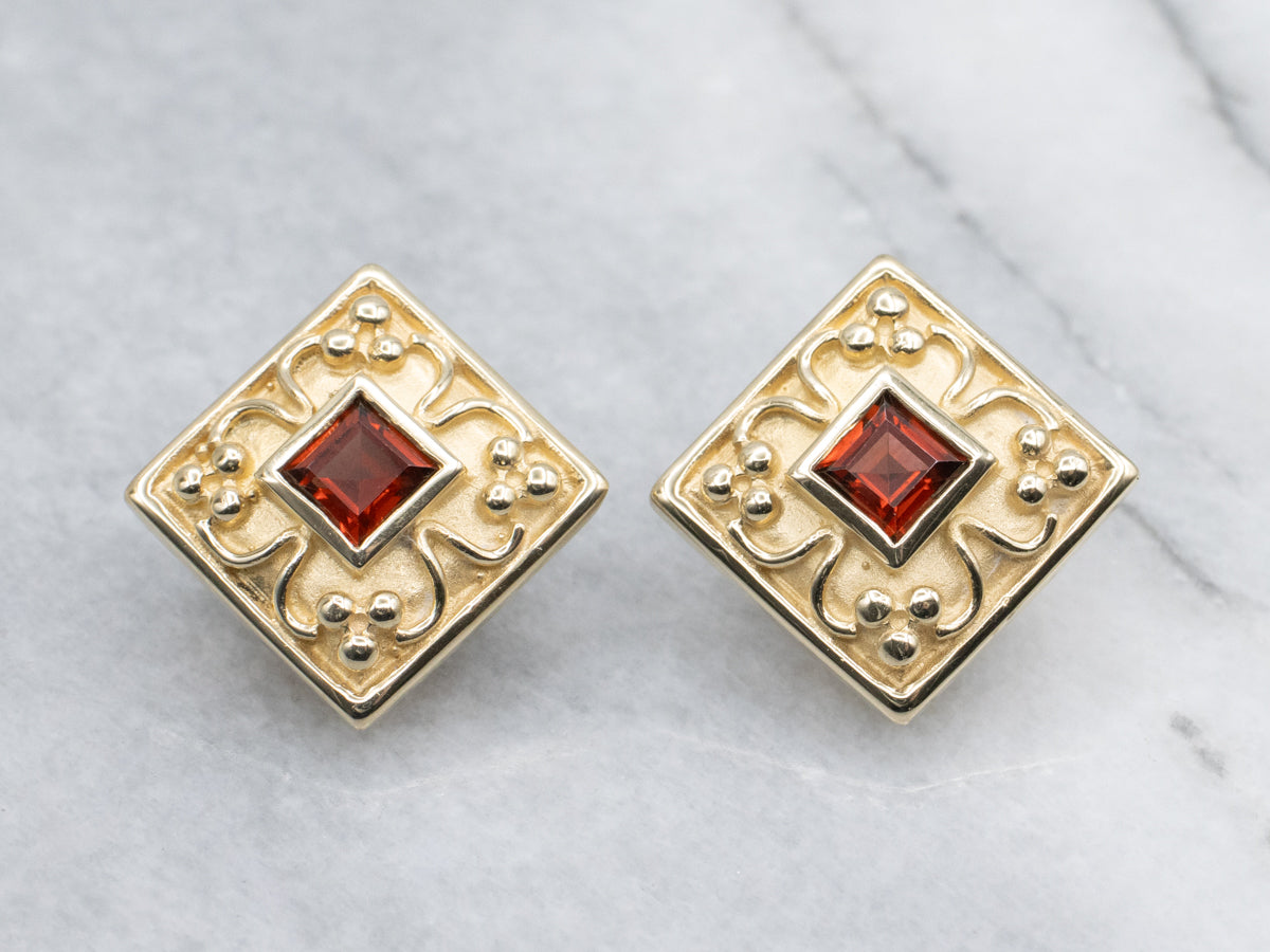 Modern Square-Cut Garnet Ornate Yellow Gold Stud Earring