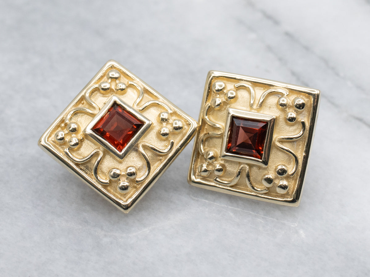 Modern Square-Cut Garnet Ornate Yellow Gold Stud Earring
