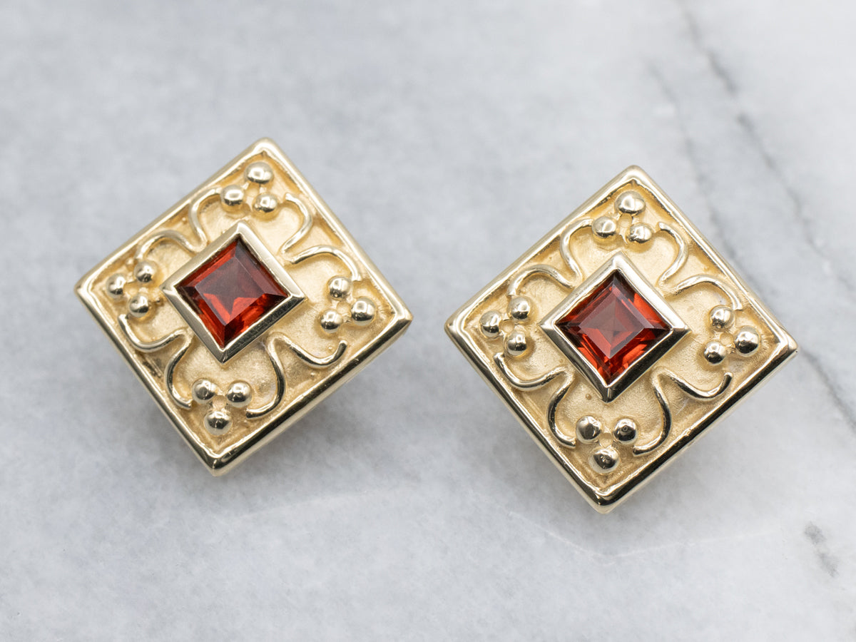 Modern Square-Cut Garnet Ornate Yellow Gold Stud Earring