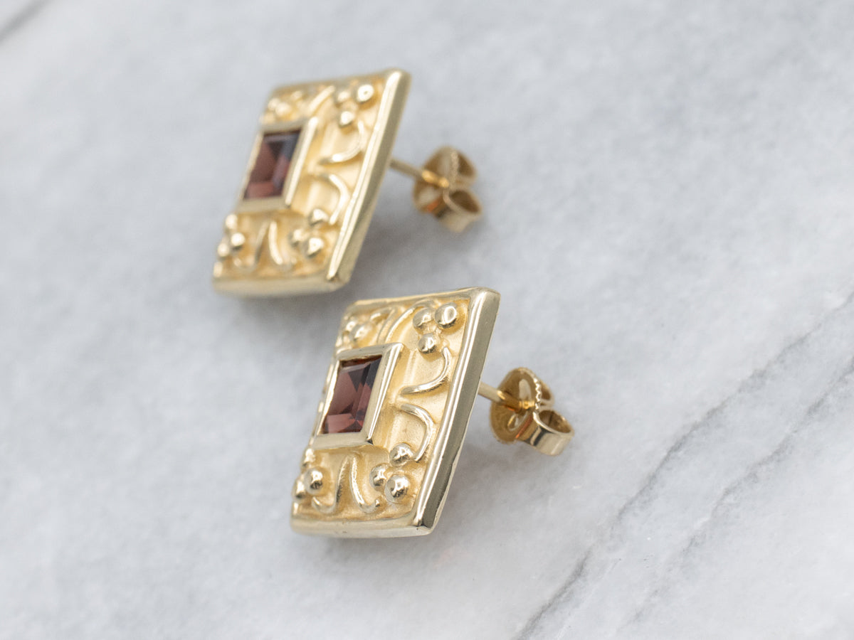 Modern Square-Cut Garnet Ornate Yellow Gold Stud Earring