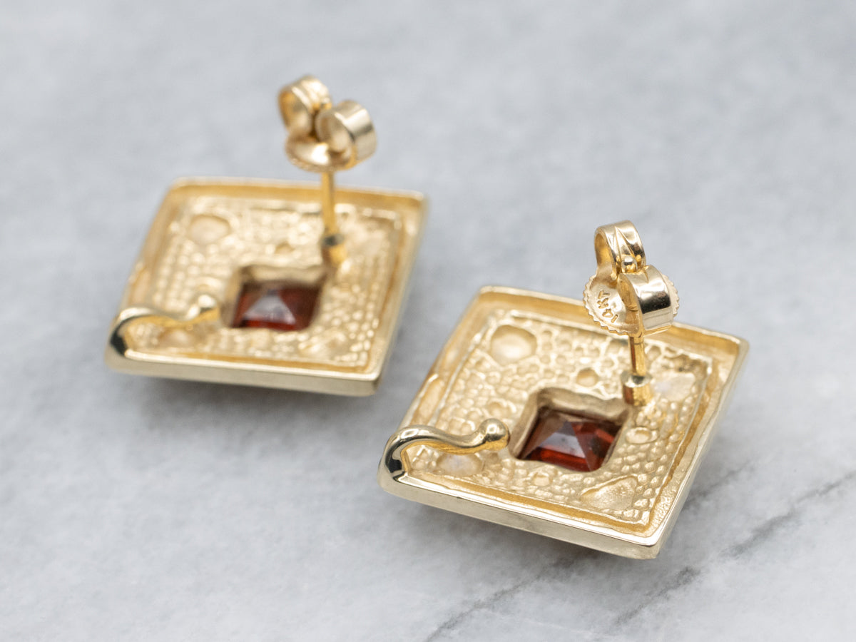 Modern Square-Cut Garnet Ornate Yellow Gold Stud Earring