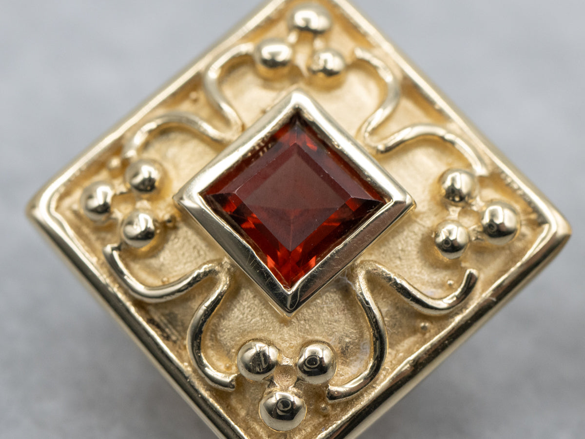 Modern Square-Cut Garnet Ornate Yellow Gold Stud Earring