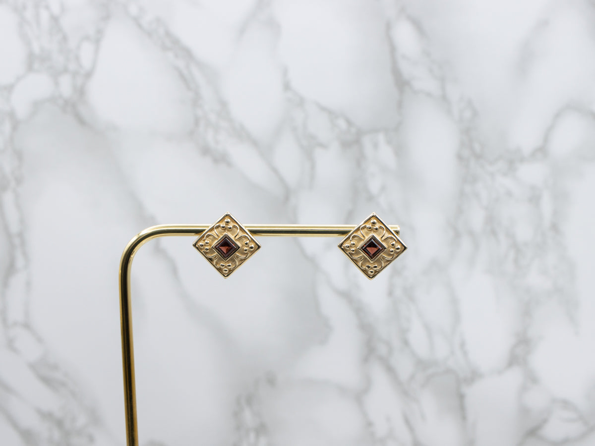 Modern Square-Cut Garnet Ornate Yellow Gold Stud Earring