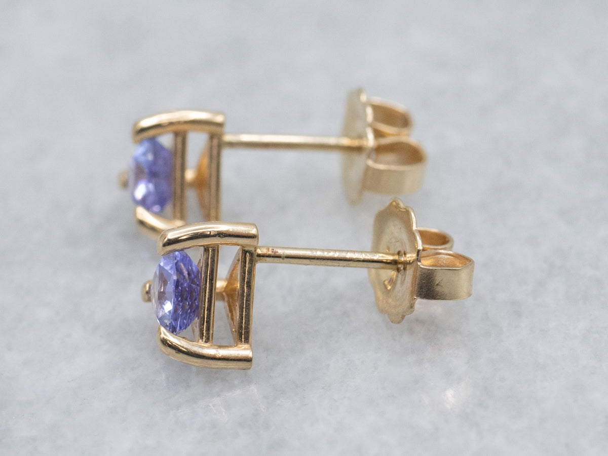 Trillion-Cut Tanzanite Yellow Gold Stud Earrings