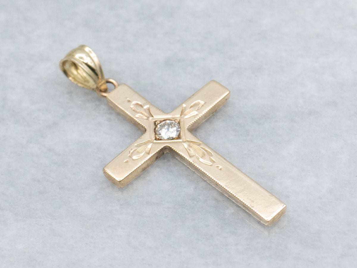 Vintage Yellow Gold Engraved Gold Diamond Cross Pendant