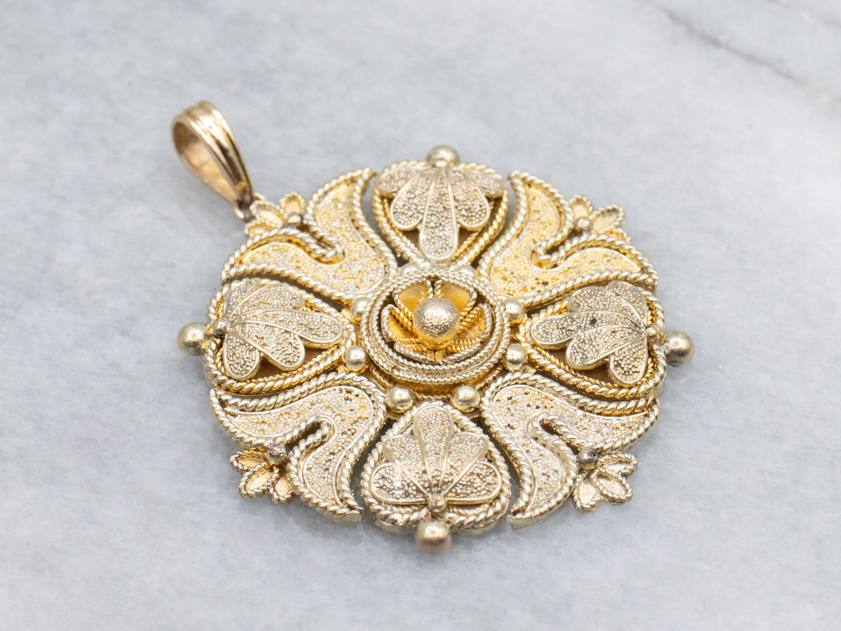 Ornate Floral Yellow Gold Textured Round Pendant with Rope Twist Accent