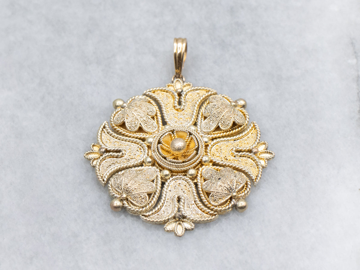Ornate Floral Yellow Gold Textured Round Pendant with Rope Twist Accent