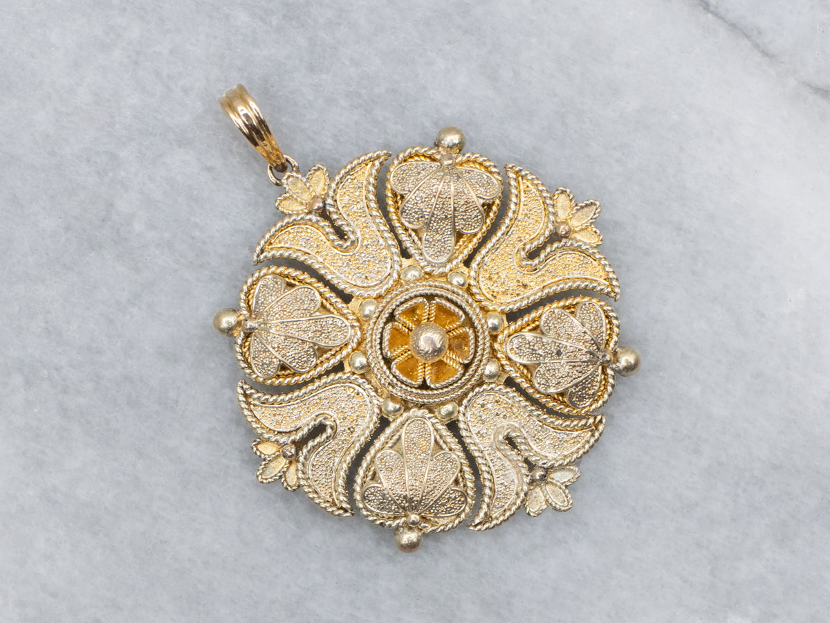 Ornate Floral Yellow Gold Textured Round Pendant with Rope Twist Accent