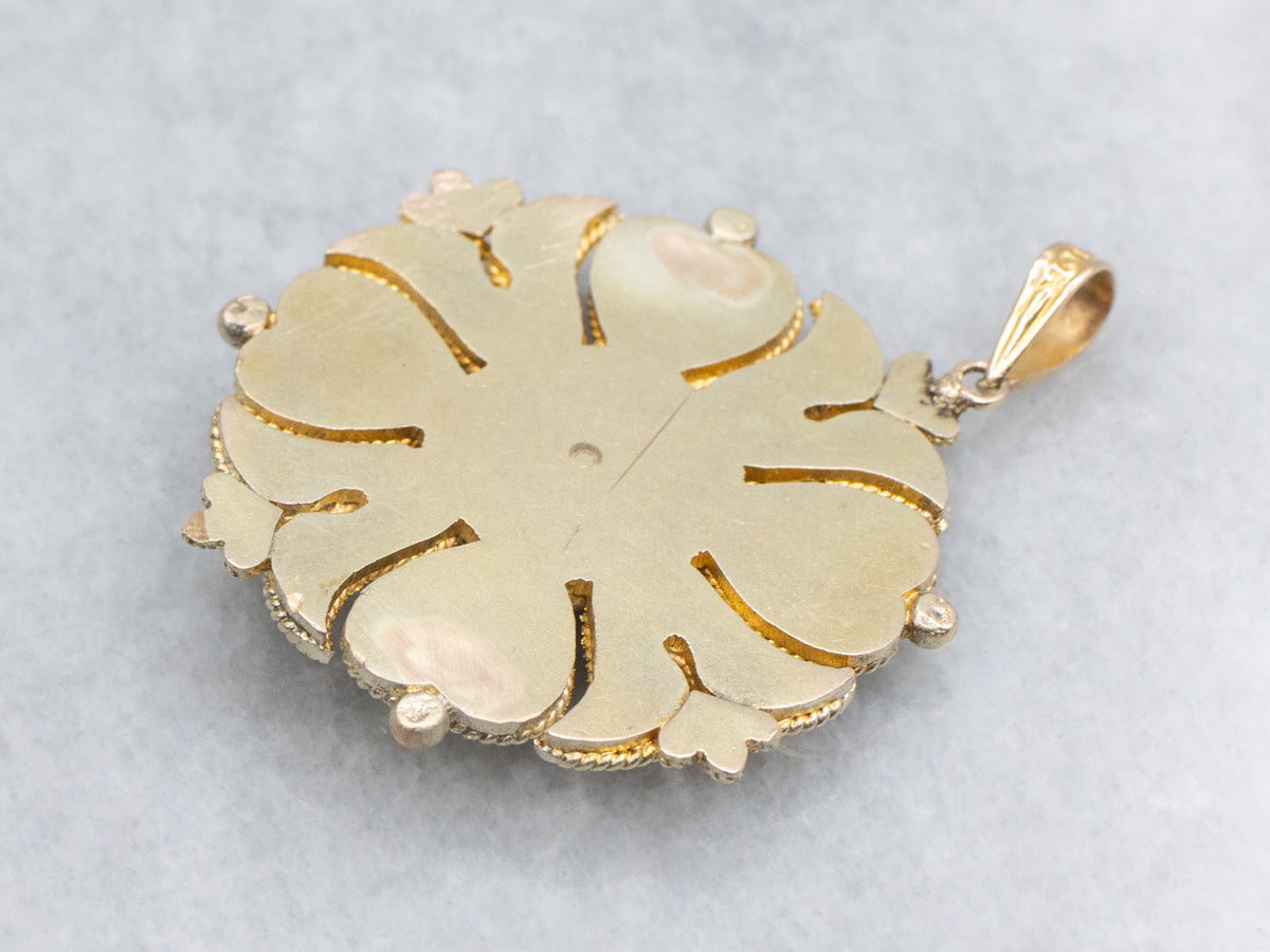 Ornate Floral Yellow Gold Textured Round Pendant with Rope Twist Accent