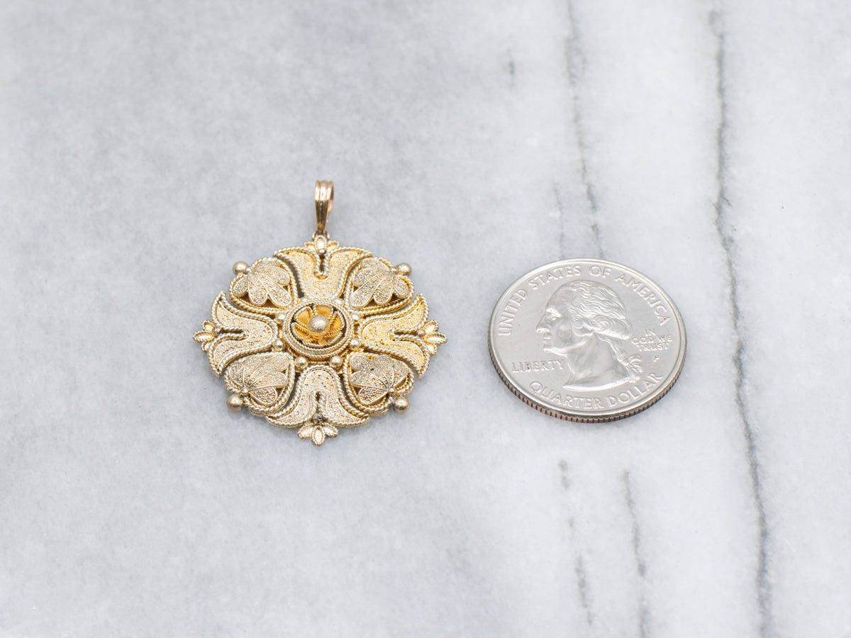 Ornate Floral Yellow Gold Textured Round Pendant with Rope Twist Accent