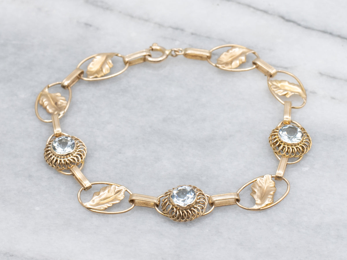 Mid-Century Aquamarine and Gold Botanical Link Bracelet