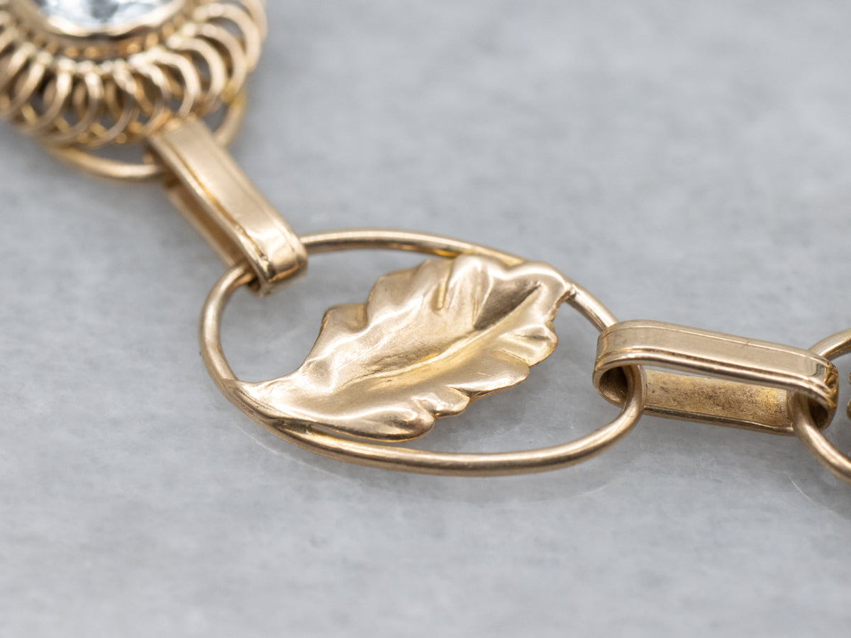 Mid-Century Aquamarine and Gold Botanical Link Bracelet