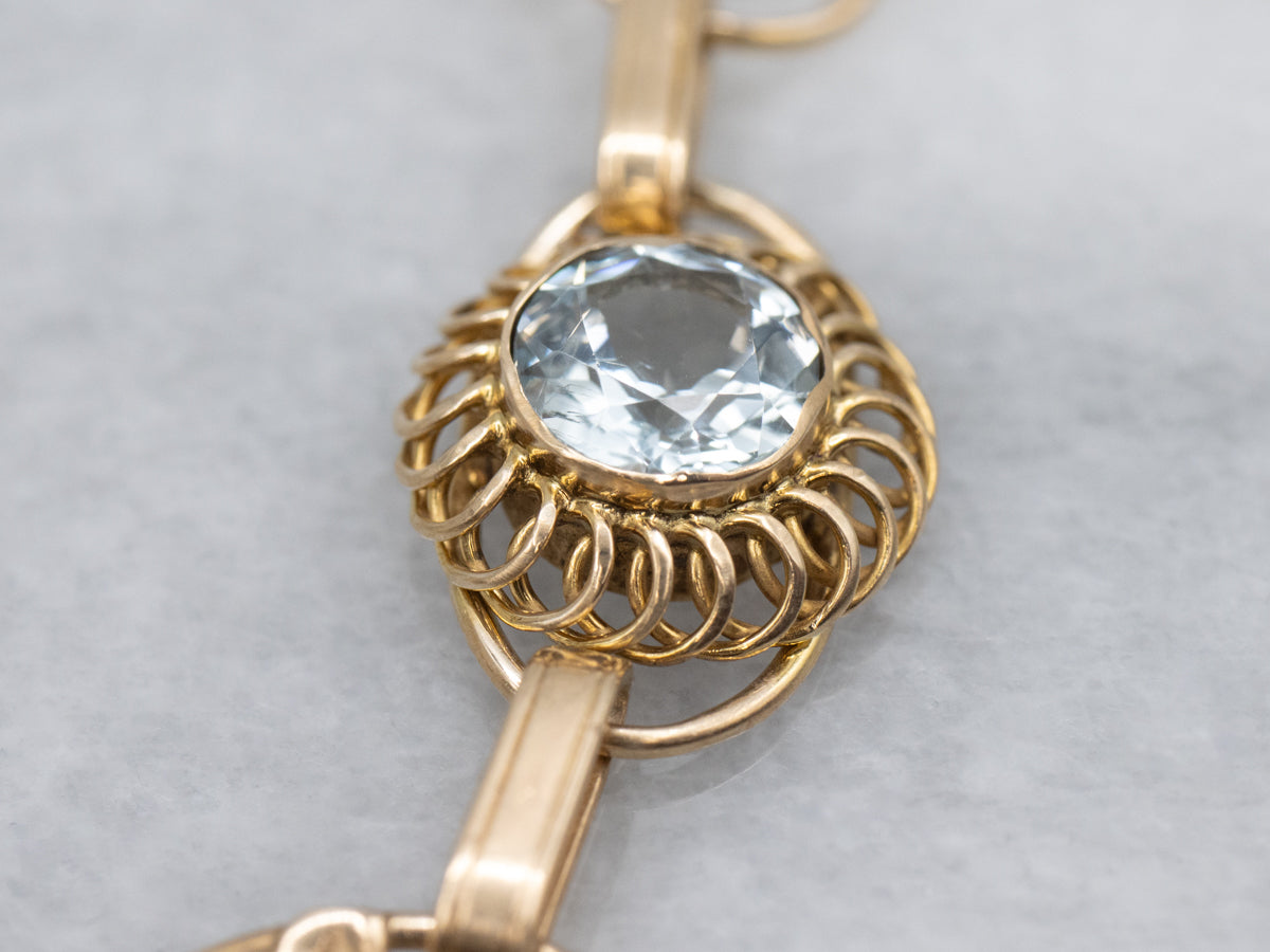 Mid-Century Aquamarine and Gold Botanical Link Bracelet