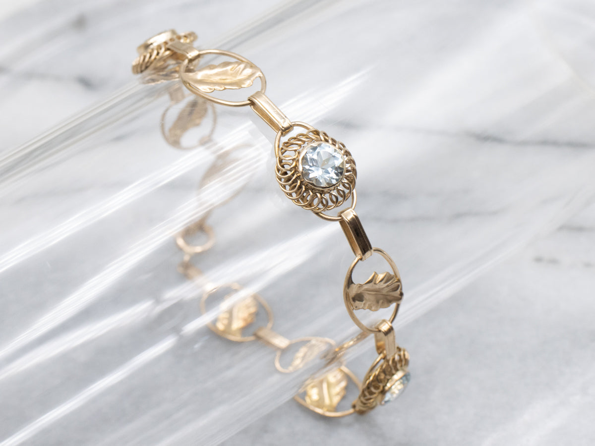 Mid-Century Aquamarine and Gold Botanical Link Bracelet