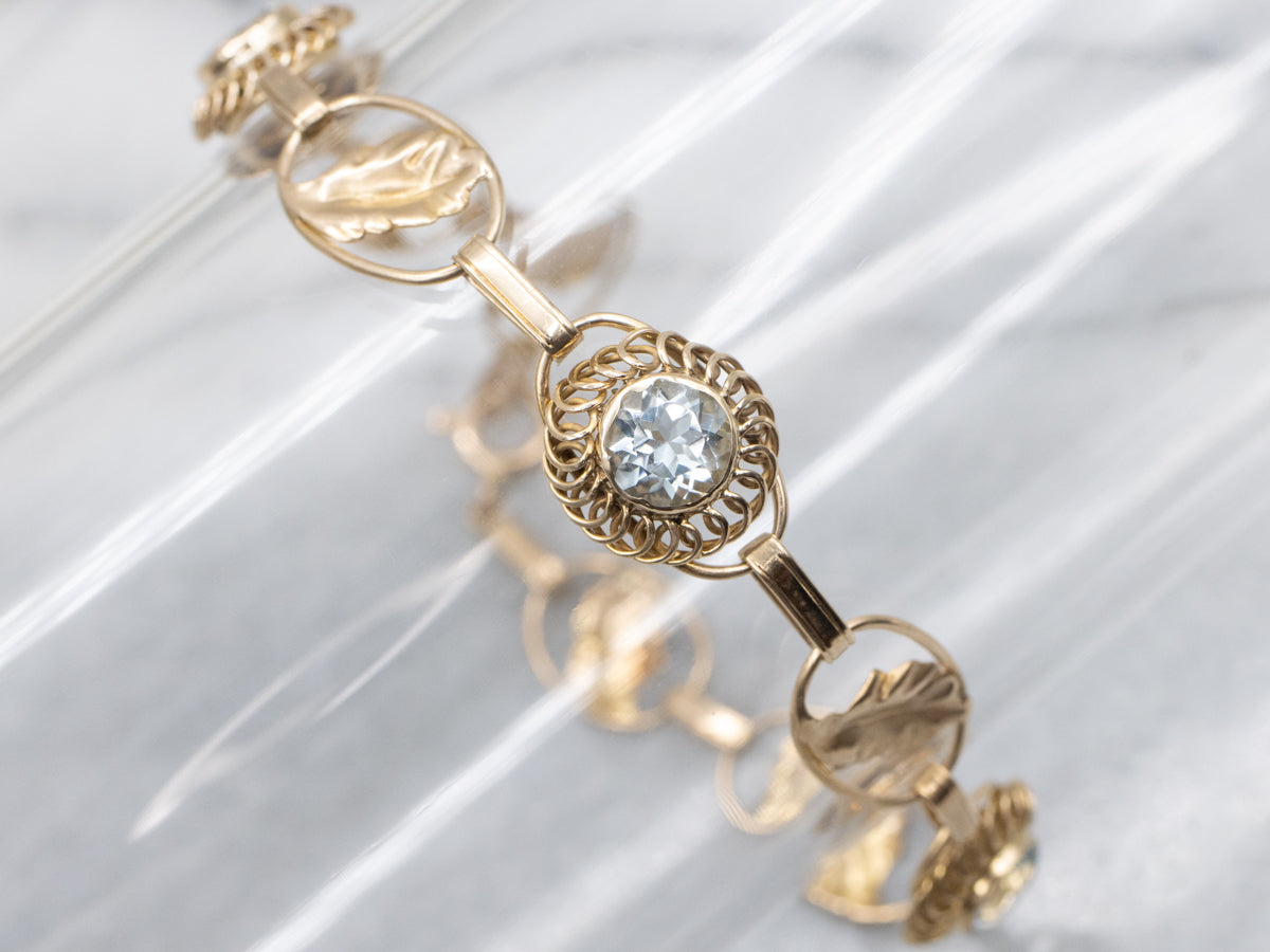 Mid-Century Aquamarine and Gold Botanical Link Bracelet