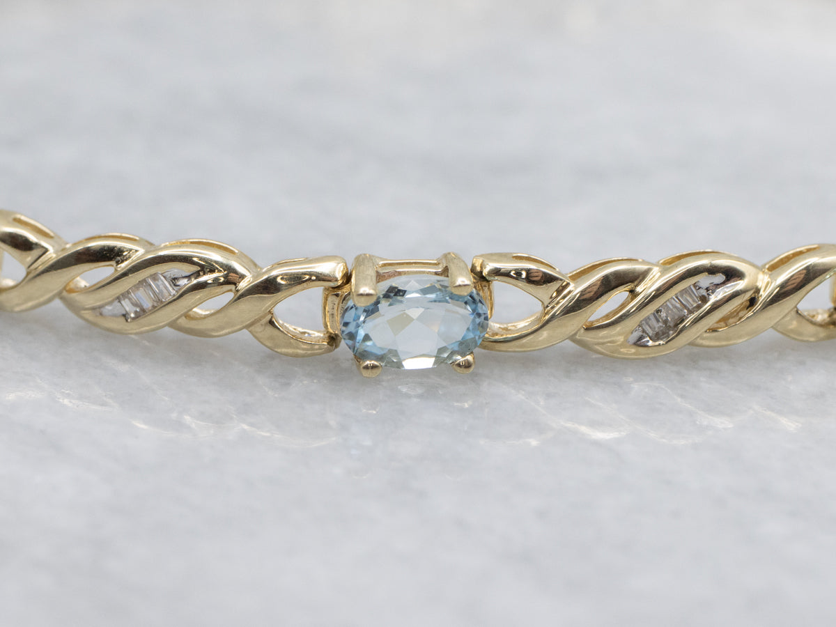 Twisting Gold Aquamarine and Diamond Link Bracelet