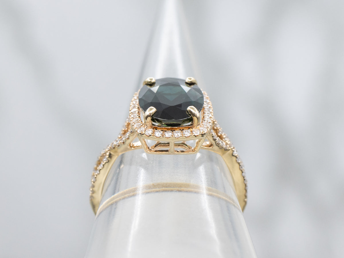 Modern Yellow Gold Sapphire and Diamond Halo Ring