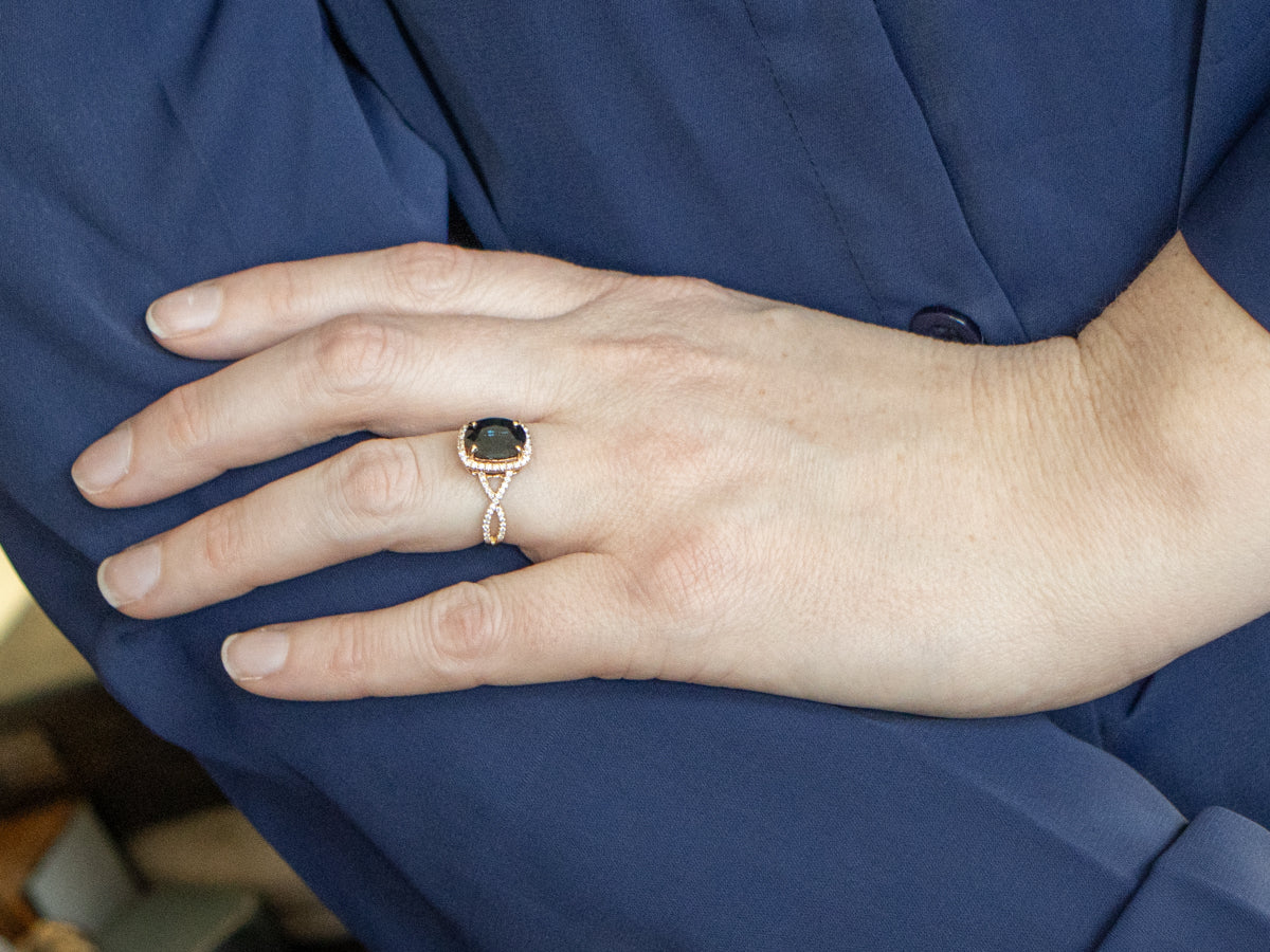 Modern Yellow Gold Sapphire and Diamond Halo Ring