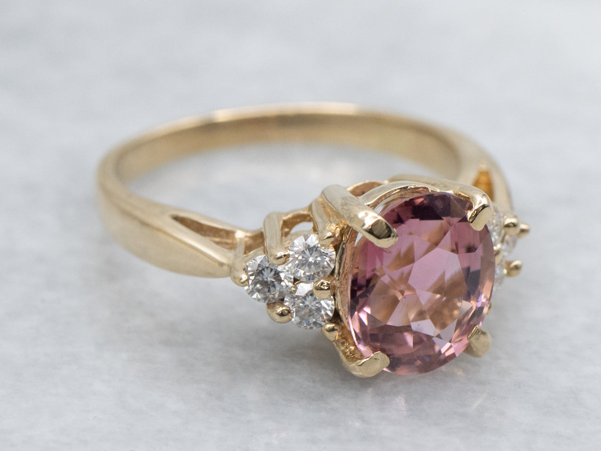 Oval Cut Pink Tourmaline and Diamond Yellow Gold Ring