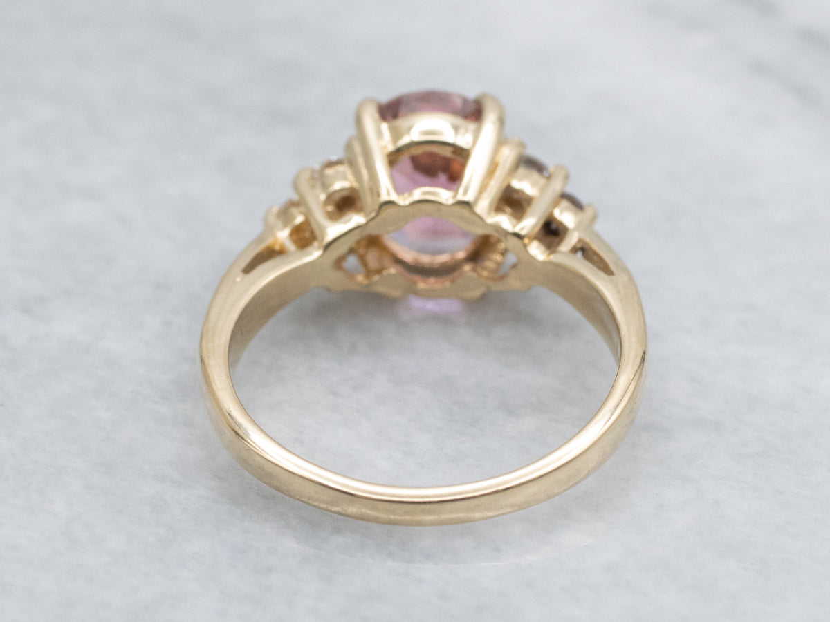 Oval Cut Pink Tourmaline and Diamond Yellow Gold Ring