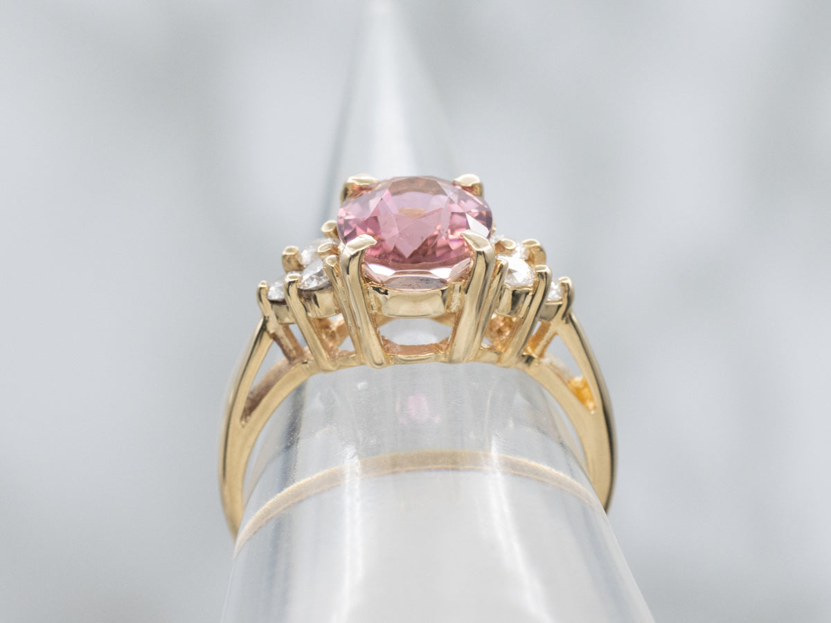 Oval Cut Pink Tourmaline and Diamond Yellow Gold Ring