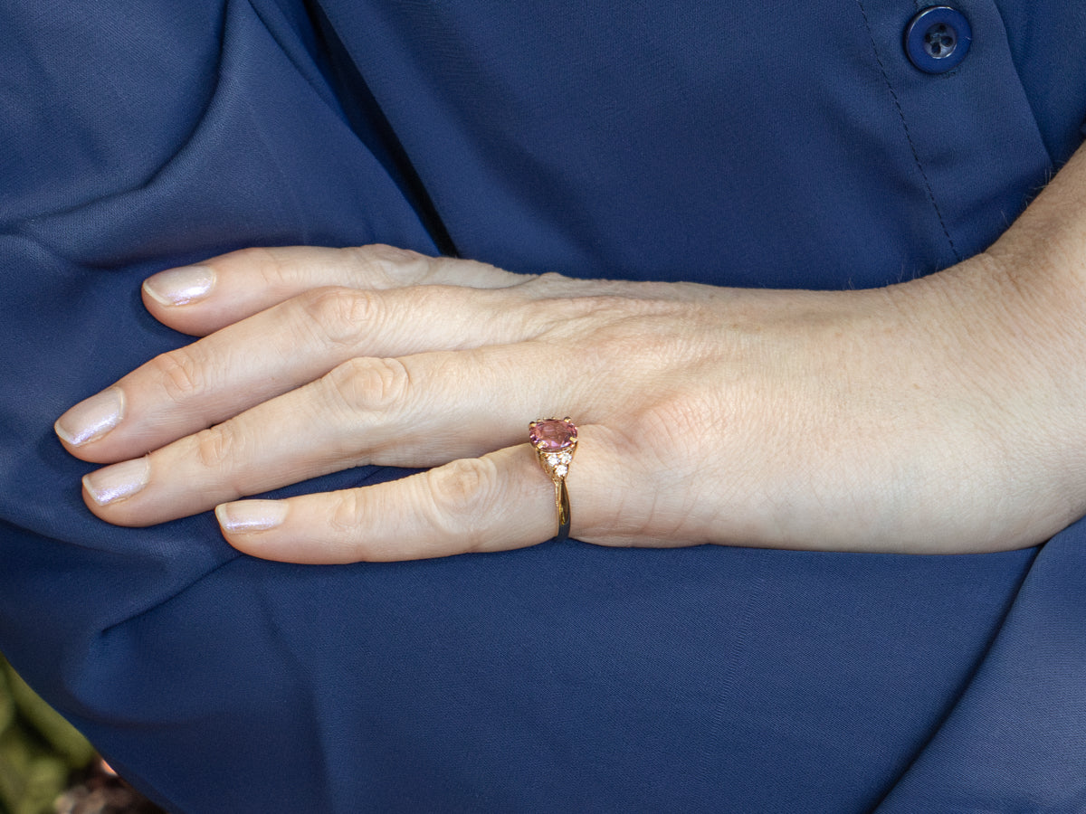 Oval Cut Pink Tourmaline and Diamond Yellow Gold Ring