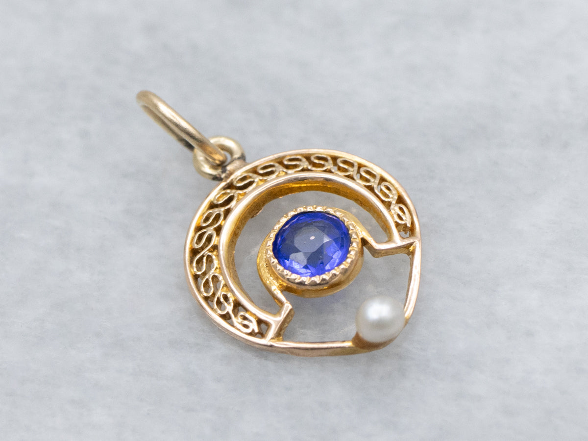 Antique Blue Glass and Seed Pearl Gold Stickpin Conversion Pendant