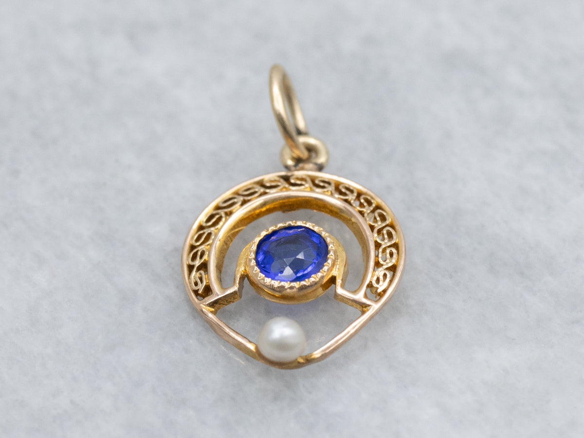 Antique Blue Glass and Seed Pearl Gold Stickpin Conversion Pendant