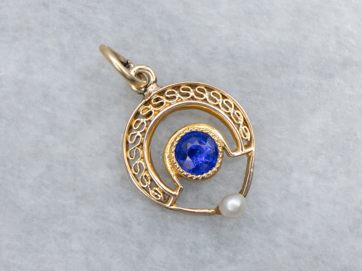 Antique Blue Glass and Seed Pearl Gold Stickpin Conversion Pendant