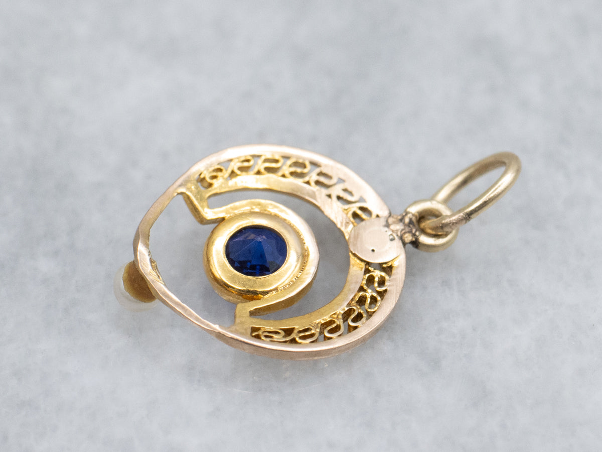 Antique Blue Glass and Seed Pearl Gold Stickpin Conversion Pendant