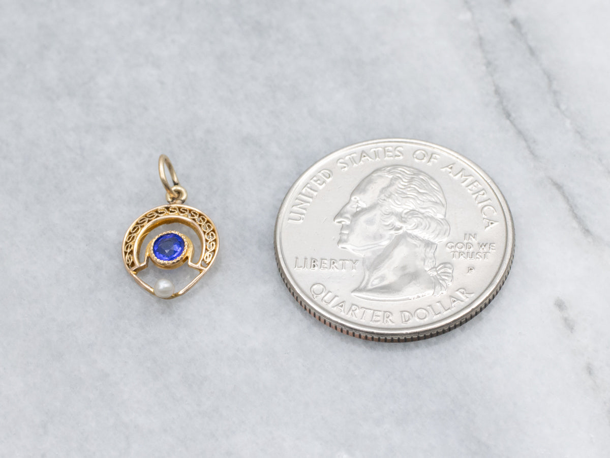 Antique Blue Glass and Seed Pearl Gold Stickpin Conversion Pendant
