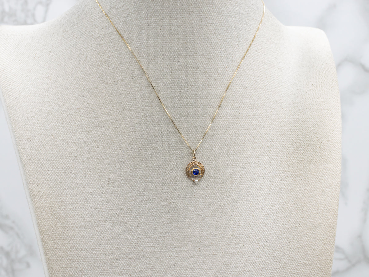 Antique Blue Glass and Seed Pearl Gold Stickpin Conversion Pendant